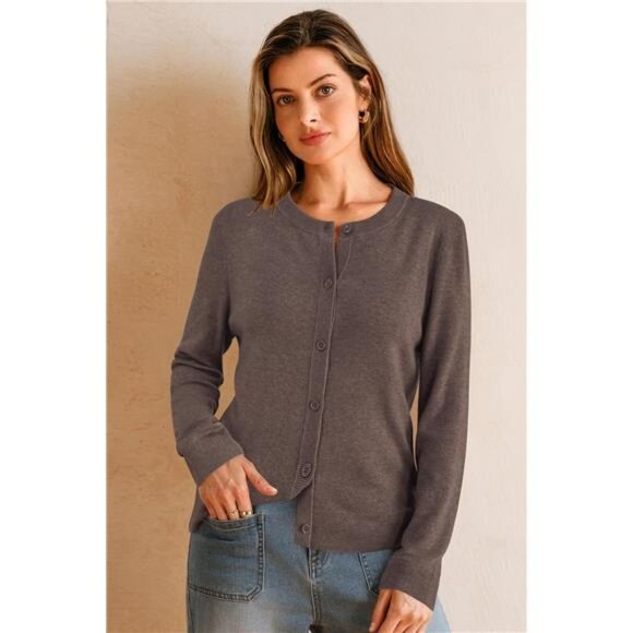 Women's Wool Blended Cardigan Sweaters Lightweight Coffee - Picture 4 of 6